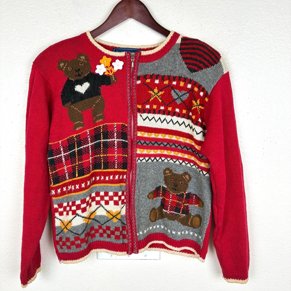 Vintage Sweater M Plaid Zip Up Embellished Bear Cottage Novelty 3D Ugly Holiday